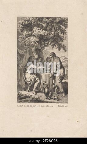 Abraham en de drie engelen; Sara hoorde het, en lagchte.die drei Engel besuchen Abraham und er bringt sie an den Tisch. Sie versprechen ihm, dass er und Sara einen Sohn bekommen werden. Abraham hört die Nachricht. Sara hört aus dem Zelt. Stockfoto
