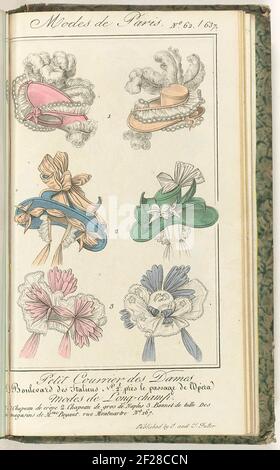 Petit Courrier des Ladies, 10. MAI 1829, Nr. 42/637: Modes der Long-Champ .... 'Modes the Long-Champ.' Drei verschiedene Kopfbedeckungen, von vorne und hinten abgebildet, nummeriert eins bis drei. 1. Krepphut. 2. Hut aus 'Gros de Naples'. 3. Tüllkappe. Von den Geschäften von payant. Druck aus dem Modemagazin Petit Courier des Ladies (1821-1868). Gebunden (mit ein paar Seiten. Le Journal des Ladens et des Modes). 15. Januar 1827 bis 20. März 1830. Unvollständig. Stockfoto