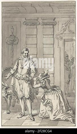 Sabine von Bayern bittet Alva, ihren Mann, de Graaf van Egmond, im Juni 1568 freizulassen. Interieur mit knienden Frau für Mann. Sabina von Bayern bittet den Herzog von Alva um Gnade für ihren verurteilten Mann, den Grafen von Egmond, Anfang Juni 1568. Design für einen Druck. Stockfoto