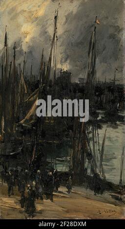 Hafenblick in Dunkerque (oder Dieppe?).Hafenblick in Dunkirk. Blick auf die Masten der im Hafen von Dünkirchen (oder Dieppe?) liegenden Fischerschiffe. Im Vordergrund eine Gruppe von Fischern. Stockfoto
