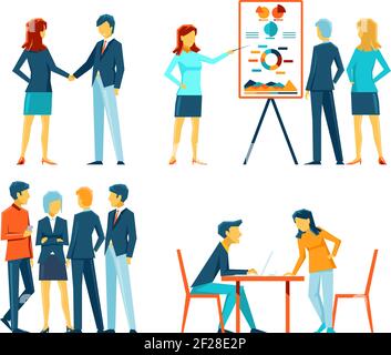 Geschäftsleute in verschiedenen Posen. Büromitarbeiter, Manager und Geschäftsmann, Arbeitsvorführen und Meeting, Vektordarstellung Stock Vektor