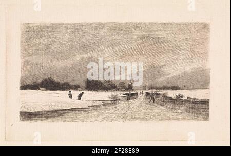 Schaatsers in een Hollands landschap.Skater im Tempo. Links kommen zwei Skater aus einem Graben. Zwei Mühlen in der Ferne. Stockfoto