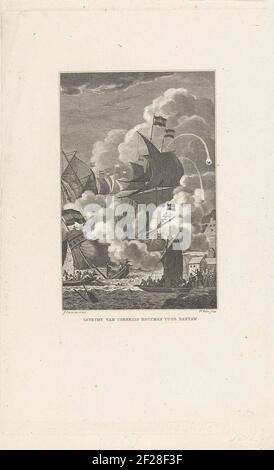 Cornelis de Houtman im Kampf vor Bantam, 1596; Kampf von Cornelis Houtman um bantam.Schiffe der cornelis de Houtman Flotte im Kampf vor Bantam, Juli 1596. Cannon Balls Fliegen Sie durch die Luft, im Vordergrund Männer. Stockfoto