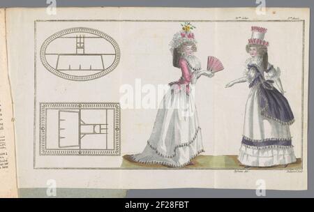 Zeitschrift des Modes Nouvelles Françaises et Anglaises, 30 Oktobre 1788, 3e Année, 35E Cahier, Pl. 1, 2 et 3.von links nach rechts. Zwei Schnallen, mit einer ovalen und einer rechteckigen Form. Frau in einem rosa / weißen Karaco und einem Rock mit Spur von weißem Satin gekleidet. Um den Hals ein Fichu. Zubehör: Hut mit Band und Blumen verziert, lange Handschuhe, Faltfächer. Frau, auf dem Rücken gesehen, in einem 'caraco à la Circassienne' aus violettem Satin auf einem Rock mit doppelter Falbala gekleidet. Der Druck ist Teil der 35th Cahier, 3rd Année, aus der Magasin des Modes Nouvelles Françaises et anglaises Serie. Die Serie Stockfoto