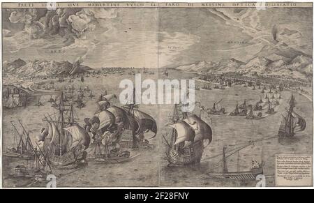 Zeeslag in de Straat van Messina; Freti siculi sive mamertini vulgo et faro di Messina optica delineatio.EINE Seeschlacht in der Straße von Messina. Segelschiffe und Galestone kämpfen im Vordergrund. Links ist die Stadt Reggio und rechts die Stadt Messina. Hinter Messina De Vulkan Ätna, aus dem Rauch kommt. In der unteren rechten Ecke eine achtzeilige frisch in Latein. Stockfoto