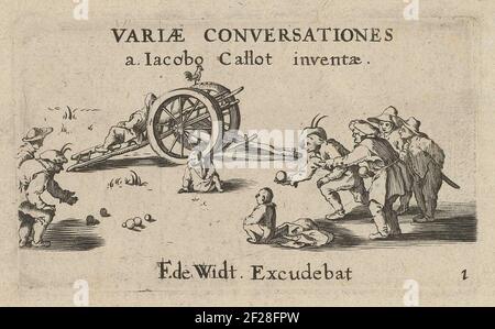 Jeu de boules; Variae Conversationes a.. Iacobo Callot inventae.Titelseite für eine Serie holländischer Drucke nach Callot. Im Vordergrund Figuren, die die Boule mit Kanonenkugeln spielen. Zwei sitzende Kinder beobachten. Auf der Rückseite einer horizontalen Figur auf einem Holzwagen mit einem Hahn auf dem Rad. Über dem Titel 'Variae Conversationes'. Unten rechts: Nr. 1 Stockfoto