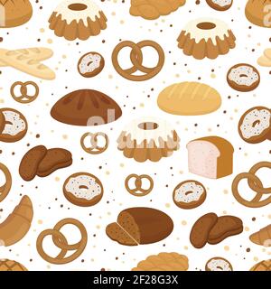 Brot und Backen nahtloses Muster im quadratischen Format mit Bagels Brezeln Muffins Brote Brot Croissants Kuchen und Donuts Vektor Abbildung Stock Vektor