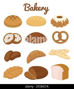 Set von bunten Bäckerei Symbole Darstellung Brezeln Muffins Brote Brot Bagel Croissants Kuchen und Donuts Vektor Clipart Illustration auf Weiß Stock Vektor