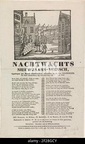 Nieuwjaarswens van de Amsterdamse nachtwacht voor het jaar 1845; Nachtwachts Nieuwjaars-wensch.Neujahrswünsche der Amsterdamer Nachtwache für das Jahr 1845. Zwei Mitglieder der Nachtwache laufen mit einer Ratsche durch eine Straße in Amsterdam, ein Drittel sammelt Geld bei einem Haus. Mit einem frischen in zwei Spalten. Im Namen der Nachtwache in Quarters no 23 der Sektion 2nd von Policie der Stad Amsterdam: A. Hofstee, W. Riethoorn, A. De weever und H. van der Meij. Stockfoto