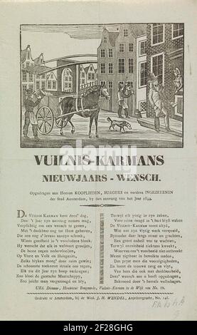 Nieuwjaarswens van de vuilnismannen van Amsterdam voor het jaar 1844; Vuilnis-karmans nieuwjaars-wensch.Neujahrswunsch der Amsterdamer Müllsammler für das Jahr 1844. Blick in eine Straße in Amsterdam, wo ein Mann einen Mülleimer im Wagen auftauchte und ein anderer Mann mit der Ratsche rennt. Ein anderer Mann holt Geld bei einem Haus ab. Mit Gedicht in zwei Spalten. Von der Müllrüstung im NO-Bezirk 19: Hendricus Bongaards. Stockfoto