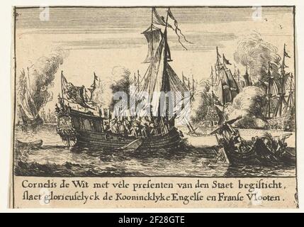 Cornelis de Witt führt den Angriff auf die englische Flotte während der Reise nach Chatham, 1667; Cornelis de Wit mit vielen Geschenken der Staet SLAET Glorieuselyck die KoonirlClyke englische und französische Flotte.Cornelis de Witt führt den Angriff auf die englische Flotte, 20-23. Juni 1667. Episode von der Reise nach Chatham während des zweiten englischen Krieges. Fragment des Großdrucks der Gebrüder De Witt: Witten Wonder Spiegel (1675). Stockfoto