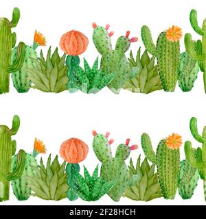 Aquarell von Hand gezeichnet nahtloses Muster von tropischen mexikanischen Kakteen Kakteen Sukkulenten. Grüne natürliche Haus Pflanzen in Töpfen botanischen illsutration drucken Innenarchitektur Dekoration für Tapete Textil Stockfoto