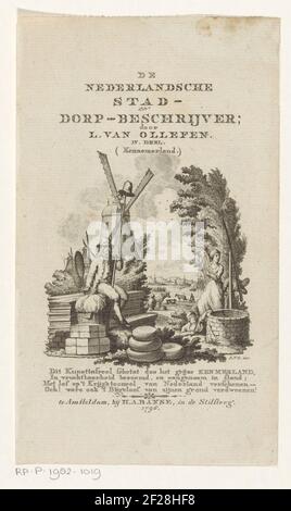 Besitzer nach: L. Ollefen, De Nederlandsche Stad- en Dorp-beschrijver. IV Deel (...), 1796.EIN Mann mit Freiheitshut und Fischernetz sitzt auf Holzbohlen für eine Mühle.Rechts ist eine Frau mit den Steintafeln an einem Brunnen. Für sie liegt eine mit verbundenen Augen verbundene Figur mit Schwert. Ein vierzeiliger niederländischer Text im Unterholz. Stockfoto
