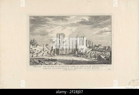 Ruine der Großen Kirche von Bergen op Zoom, 1748; Gesicht der großen Kirche, um die Hoogstraat zu sehen, aus dem Waldhafen kommend, um den Saum zu montieren; Zehn Gesichter der Ruinen nach der Belagerung und Zerstörung von Bergen op Zoom im Jahr 1747.Besucher in den Ruinen der Grote Kerk (Sint-Gertrudiskerk) aus Bergen op Zoom im Jahr 1748. Teil der Serie mit zehn Gesichtern der Ruinen nach der Belagerung und Zerstörung von Bergen op Zoom durch die Franzosen im Juni-September 1747. Stockfoto