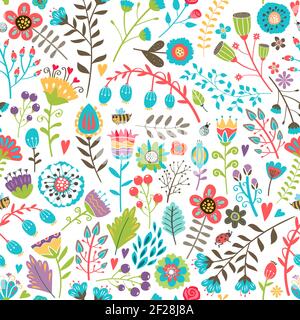Niedliche nahtlose Muster mit bunten handgezeichneten Sommerblumen nach dem Zufallsprinzip verstreut In einem geschäftigen Design auf weißem Hintergrund geeignet für Tapete Wrappi Stock Vektor
