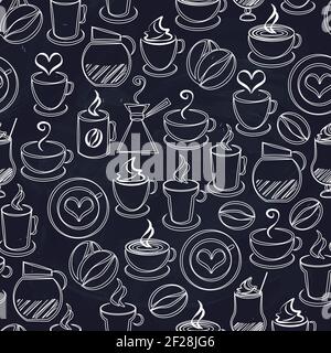 Kaffee nahtlose Hintergrund Vektor-Muster mit weißen Symbolen auf schwarz Einer Kaffeekanne und einem Perkolator, der Tassen und Tassen dampft Bohnen Herzen Espresso f Stock Vektor