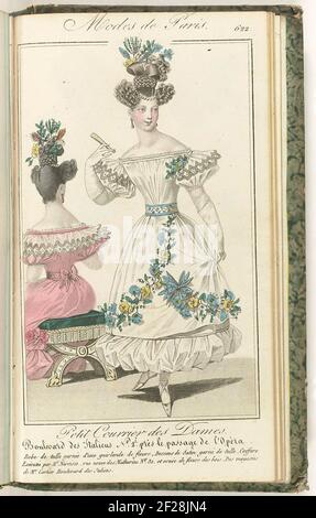 Petit Courrier des Dames, 5 mars 1829, No. 622 : Robe de Tüll....stehende Frau in einem kon aus Tüll mit einer Girlande von Blumen gekrönt. Mit Tüll garnierte Teller aus Satin. Coiffure von narcisse durchgeführt und mit wilden Blumen geschmückt. Ich habe den gleichen Jap auf der Rückseite gesehen. Druck aus dem Modemagazin Petit Courier des Ladies (1821-1868). Gebunden (mit ein paar pp. Le Journal des Ladens et des Modes). 15. Januar 1827 bis 20. März 1830. Unvollständig. Stockfoto