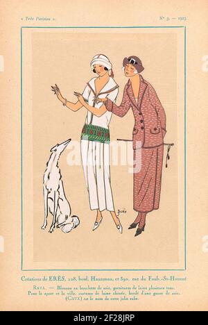 très Parisien, 1923, Nr. 3: CRÉATIONS DIE ERÈS ... RAYA DESIGNS VON ERÈS. Jac aus Bouclé Seide mit Wollgarnen in verschiedenen Schattierungen. Für den Sport und die Stadt ein Kostüm (Mantelanzug) von 'Laine Chinée', hinterlegt mit Seidenschnur. Laut der Bildunterschrift ist (Caux) der Name dieses lustigen Kleides. Zubehör: hut mit Hutband und Schnalle (?), Spazierstock mit Quasten, Armband, Pumps. Druck aus dem Modemagazin Très Parisien (1920-1936). Stockfoto