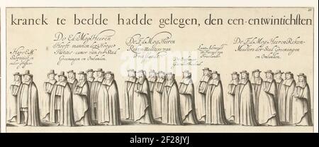 Trauerzug von Willem Frederik, Graf von Nassau-Dietz (Zeitschrift 20), 1665; Trauer-Staetelijcke Leichenpracht im uyt-vaert und begräfenisse aus dem entladenen Leichnam (...) Wilhelm Frederich (...) Gestorben in Leeuwarden (...) Den Een-and-TwinTichsten Oktober, MDCLXIV. Und Aldaer in 't Choor van de Jacobijner Kerck, Den Vyfthienden Dezember MDCLXIV. Alter Stil (...). Trauerzug von Willem Frederik, Graf von Nassau-Dietz, in Leeuwarden am 6. Januar 1665. Teil der Trauerprozession. Platte Nr. 20 in einem Ensemble von 24 (von 25) unmontierten nummerierten Platten (ohne Textblätter Stockfoto