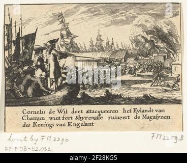 Cornelis de Witt führt den Angriff auf Sheerness, 1667; Cornelis de Wit, Attacqueren de Eylandt von Chattam, gewinnt Fort Shyrenasse Ruines die Magasynen des Konings van Engelant.Cornelis de Wittles der Angriff auf Sheerness, 20-23. Juni 1667. Episode von der Reise nach Chatham während des Zweiten Englischen Krieges. Fragment des Großdrucks der Gebrüder De Witt: Witten Mirror (1675). Stockfoto