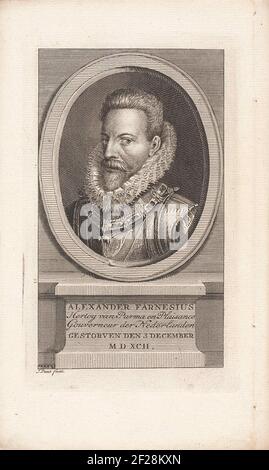 Portret van Alessandro Farnese, hertog van Parma.Porträt von Alessandro farnese, Herzog von Parma. Er trägt eine Kette mit der Reihenfolge des goldenen Fleece. Sein Name, seine Funktion und sein Todesdatum auf Niederländisch auf dem Piothing. Stockfoto