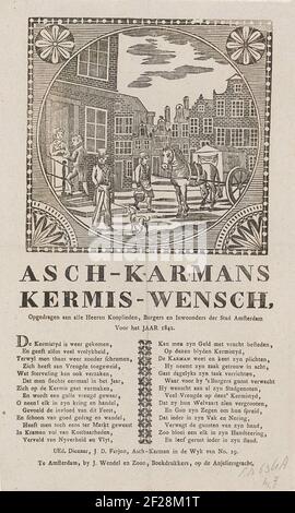 Kermisprent van de Amsterdamse askarrenmannen voor het jaar 1842; Asch-Karmans Kermis-Wensch (...) 1842.KermiSprent im Namen der Askarrenmen (Karrorenman oder Garbageman) in Amsterdam für das Jahr 1842. Blick in einer Straße in Amsterdam mit einem Mann trägt einen Asemmer auf den Wagen, während ein anderer Mann hinzugefügt, um das Haus. Am unteren Rand eines Gedichts in zwei Spalten. Im Namen von J.D. Farjon, der Askarreman des Bezirks Nr. 19. Stockfoto