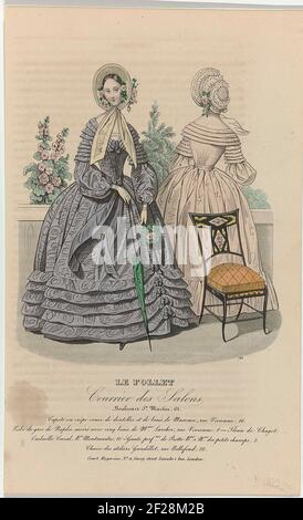 Le Follet Courrier des Salons, 1836, Nr. 783: Capote en crèp (...).zwei Frauen, eine davon auf dem Rücken, mit Balustrade. Laut der Bildunterschrift: 'Capote' von Krepp verziert mit Spitze und Bias Band, von Maxence. JAP von 'Gros de Naples Moiré' mit fünf Larcher Bias Reifen. Chagot Blumen. Sonnenschirm von Cazal. Handschuhe von Protte, patentiert. Stuhl aus den Studios von Gandillot. Druck aus dem Modemagazin Le Follet Courriet des Salons (Novembre 1829- octobre 1882). Stockfoto