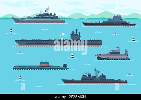 Kriegsschiff in flachem Stil gesetzt. Bootstransport, Schnellboot und Hovercraft, Transportschiff. Vektorgrafik Stock Vektor
