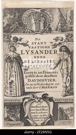 Scènes uit het leven van Lysander en Caliste; Titelpagina voor: Audiguier, vital d'. De treurighe doch bly-eyndighende Geschichte (...)Lysander en Caliste, 1636.in der Mitte der Titel und unten in einer Kartusche der Name des Verlegers. Links Caliste für eine Säule mit einem Putt, der Blumen über sie windet. Unter ihren Füßen das lateinische Wort für Ehre. Rechter lysander für eine Säule. Über ihm ist auch ein Putto zu sehen. Unter dem lateinischen Wort für Standhaftigkeit. Auf und ab insgesamt fünf Aufführungen aus dem Leben von Caliste und Lysander. Stockfoto