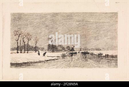 Schaatsers in een Hollands landschap.Skater im Tempo. Links kommen zwei Skater aus einem Graben. Zwei Mühlen in der Ferne. Stockfoto