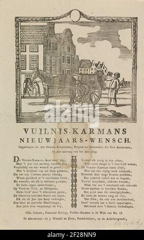 Nieuwjaarswens van de vuilnismannen van Amsterdam voor het jaar 1839; Vuilnis-karmans nieuwjaars-wensch.Neujahrswunsch von den Amsterdamer Müllabfuhr für das Jahr 1839. Blick in eine Straße in Amsterdam, wo ein Mann den Dreck von der Straße schafft und ein anderer Mann mit der Ratsche rennt. Zwei andere Männer bekommen Geld in einem Haus. Mit Gedicht in zwei Spalten. Der Müllpanzerung im Bezirk Nr. 18: Coenraad Ersting. Stockfoto