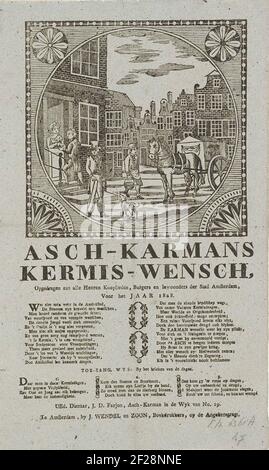 Kermisprent van de Amsterdamse askarrenmannen voor het jaar 1828; Asch-Karmans Kermis-Wensch (...) 1828.KermiSprent im Namen der Askarrenmen (Karrorenman oder Garbageman) in Amsterdam für das Jahr 1828. Blick in eine Straße in Amsterdam mit einem Mann, der einen Asemmer am Wagen trägt und einem Mann, der Geld zum Haus abholt. Am Ende eines Gedichts in zwei Spalten und ein Lied in drei Versen. Im Namen von J.D. Farjon, der Askarreman des Bezirks Nr. 19. Stockfoto