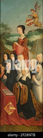 Gedenktafel mit neun Frauenporträts, wahrscheinlich Kathrijn Willemdsdr van der Graft und Familie, mit der Heiligen Maria Magdalena und der Familie Van Soutelande und Van der Graft-Van Soutelande Wappen, innerer rechter Flügel eines Altarstücks.Seitenluke eines Gedenkstücks mit acht Porträts von Männern und neun von Frauen, Begleitet von den Heiligen Jacobus Major und Maria Magdalena. Auf der linken Tafel (SK-A-1188-A) der kniende Gründer Willem Jelysz van Soutelande (don. 1515-16) in der Rüstung eines Ritters der Bruderschaft des Heiligen Landes. Für einen Altar mit einem überschwemmten Buch, hinter sieben Männern (seine Söhne?) Und das Sa Stockfoto