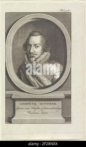 Portret van Lodewijk Gunther, graaf van Nassau.Porträt von Louis Gunther in einem Oval. Auf einem Sockel befinden sich Name und Titel. Oben rechts 'fol. 316. '. Stockfoto