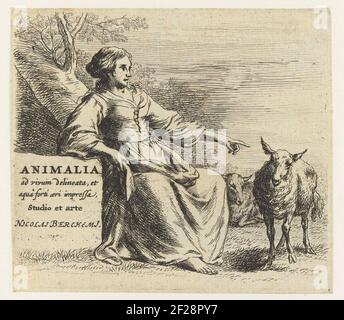 Sitzende Hirtin und zwei Schafe; Schafe; Animalia Ad Vivum Delineata et aqua Forti Aeri Impressa Studio et Arte Nicolai Berchemi .. Stockfoto