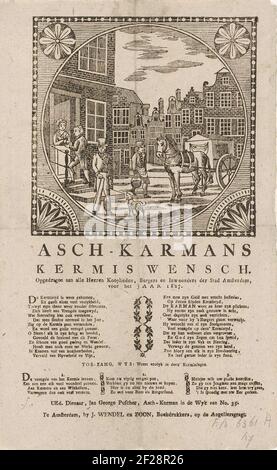 Kermisprent van de Amsterdamse askarrenmannen voor het jaar 1827; Asch-Karmans Kermis Wensch (...) 1827.KermiSprent im Namen der Askarrenmen (Karrorenman oder Garbageman) in Amsterdam für das Jahr 1827. Blick in eine Straße in Amsterdam mit einem Mann, der einen Asemmer am Wagen trägt und einem Mann, der zu Hause Geld abholt. Am Ende eines Gedichts in zwei Spalten und ein Lied in drei Versen. Im Namen von Jan George Puscher, der Askarreman von Wijk Nr. 35. Stockfoto