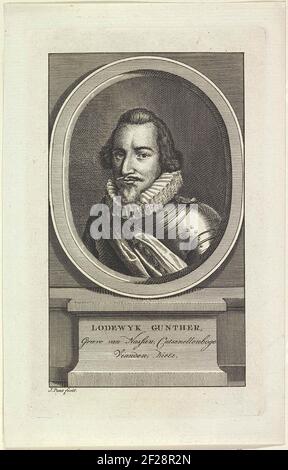 Portret van Lodewijk Gunther, graaf van Nassau.Porträt von Louis Gunther in einem Oval. Auf einem Sockel befinden sich Name und Titel. Stockfoto