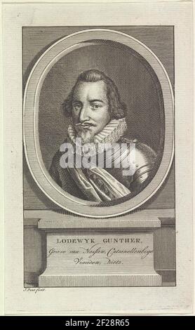 Portret van Lodewijk Gunther, graaf van Nassau.Porträt von Louis Gunther in einem Oval. Auf einem Sockel befinden sich Name und Titel. Stockfoto