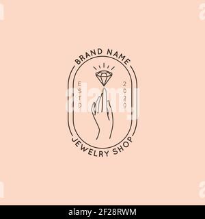 Schmuck Logo Design-Vorlagen in trendigen linearen und minimalistischen Stil. Vektor-Embleme mit der Hand einer Frau Stock Vektor