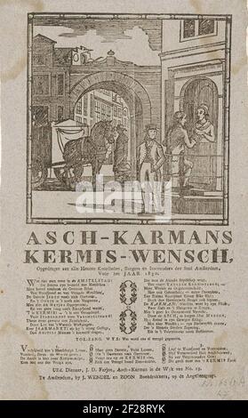 Kermisprent van de Amsterdamse askarrenmannen voor het jaar 1830; Asch-Karmans Kermis Wensch (...) 1830.KermiSprent im Namen der Askarrenmen (Karrorenman oder Garbageman) in Amsterdam für das Jahr 1830. Blick in einer Straße mit Tor in Amsterdam bringt ein Mann einen Asemmer in den Wagen, während ein anderer Mann Geld hinzufügt. Am Ende eines Gedichts in zwei Spalten und ein Lied in drei Versen. Im Namen von J.D. Farjon, der Askarreman des Bezirks Nr. 19. Stockfoto