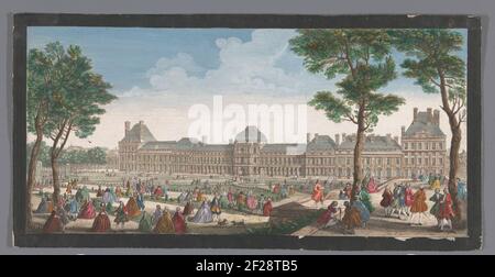 Blick auf den Palais des Tuileries in Paris vom Jardin des Tuileries aus gesehen; Les Promenades du Palais Thuilleries.im Garten wandern und sitzen Gruppen Figuren. Stockfoto