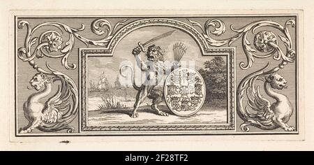 Hollandse leeuw die het wapen van de zeven provincieën vasthoudt.der niederländische Löwe mit Schwert und die Bündel Pfeile in den Händen auf einem Schild mit dem Wappen der sieben Provinz. Die Show ist in einer ornamentalen Liste gefangen. Stockfoto