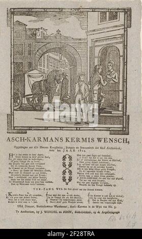 Kermisprent van de Amsterdamse askarrenmannen voor het jaar 1824; Asch-Karmans Kermis Wensch (...) 1824.KermiSprent im Namen der Askarrenmen (Karrorenman oder Garbageman) in Amsterdam für das Jahr 1824. Blick in einer Straße mit Tor in Amsterdam bringt ein Mann einen asem-Eimer zum Wagen, während ein anderer Mann Geld abholt. Am Ende eines Gedichts in zwei Spalten und ein Lied in drei Versen. Im Namen von Bartholomeus Wardenaar, der Askarreman des Bezirks Nr. 3. Stockfoto