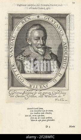Portret van Gustaaf II Adolf, koning van Zweden.Porträt in ovaler Liste von Gustaaf II Adolf, König von Schweden. Büste nach rechts. Der Druck hat eine niederländische Inschrift und als Bildunterschrift ein holländisches Gedicht. Stockfoto