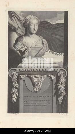 Statue Büste von Marie de Lorraine und Guise, Königin von Schottland und nachfolgende Vorschriften von Schottland. Das Bild ist auf einem Podest mit einem französischen Gedicht über ihr Leben. Stockfoto