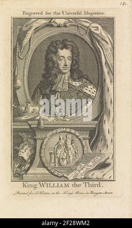 Portret van Willem III., prins van Oranje.Porträt Willems III. In einem Oval. Um ist eine Reihe von Objekten, einschließlich seiner Krone, Skeptiker, Helm und Waffe. Zwei allegorische Figuren in einem Kreis von Lorbeerklingen auf dem Relief. Eine Zeile mit englischem Text am oberen Rand. Im Undermaster sein Name und Titel in englischer Sprache. Stockfoto