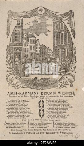 Kermisprent van de Amsterdamse askarrenmannen voor het jaar 1821; Asch-Karmans Kermis Wensch (...) 1821.KermiSprent im Auftrag der Askarrenmen (Karrorenman oder Garbizman) in Amsterdam für das Jahr 1821. Blick in eine Straße in Amsterdam mit einem Jungen, der einen Asemmer leer in einen Wagen wirft, einem Jungen mit einer Ratsche und einem Mann, der zu Hause Geld abholt. Am Ende eines Gedichts in zwei Spalten und ein Lied in drei Versen. Im Namen von Petrus Jacobus Bongaards, der Askarreman von Wijk Nr. 22. Stockfoto