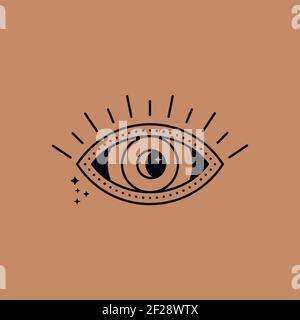 Mystisches Augen-Logo mit Mond und Sternen im trendigen minimalistischen linearen Stil. Vektor-Emblem Symbol der Hexerei Stock Vektor