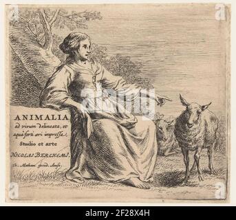 Sitzende Hirtin und zwei Schafe; Schafe; Animalia Ad Vivum Delineata et aqua Forti Aeri Impressa Studio et Arte Nicolai Berchemi .. Stockfoto