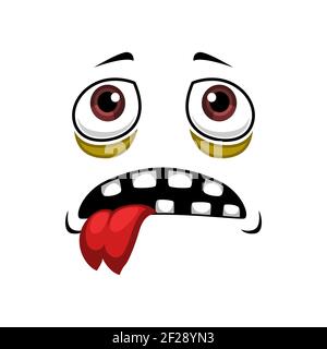 Cartoon Gesicht isoliert Vektor-Symbol, müde Emotion, verschleierte Halloween Monster lustige Kreatur mit traurigen Augen und gezapft rote Zunge in toothy Mund, unhapp Stock Vektor